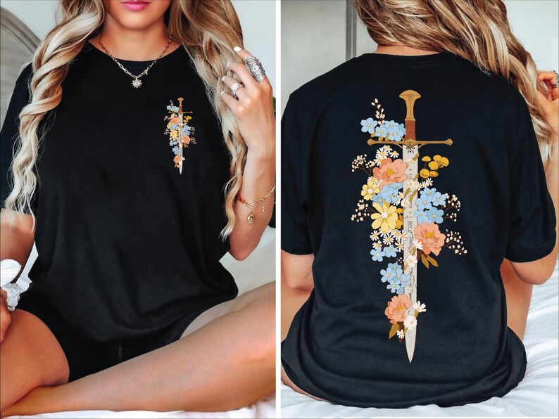 Close-up of Floral Sword Shirt Front Back Print Cottagecore Wildflower Graphic Tee Women graphic on a Comfort Colors 1717 heavyweight tee. Vintage oversized unisex shirt, great gift idea.
