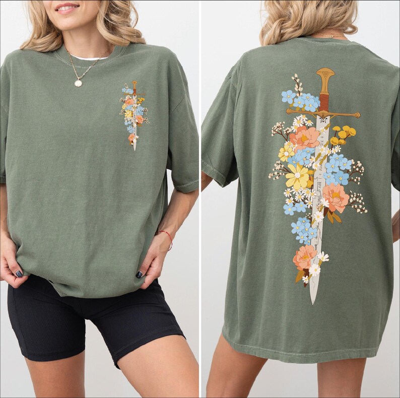 Lifestyle look at Floral Sword Shirt Front Back Print Cottagecore Wildflower Graphic Tee Women on Comfort Colors 1717. Soft vintage wash, oversized unisex fit, garment-dyed cotton gift tee.