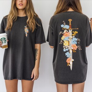 Floral Sword Shirt Front Back Print Cottagecore Wildflower Graphic Tee Women printed on a Comfort Colors 1717 unisex garment-dyed t-shirt. Vintage oversized cotton tee, relaxed fit, made-to-order gift.