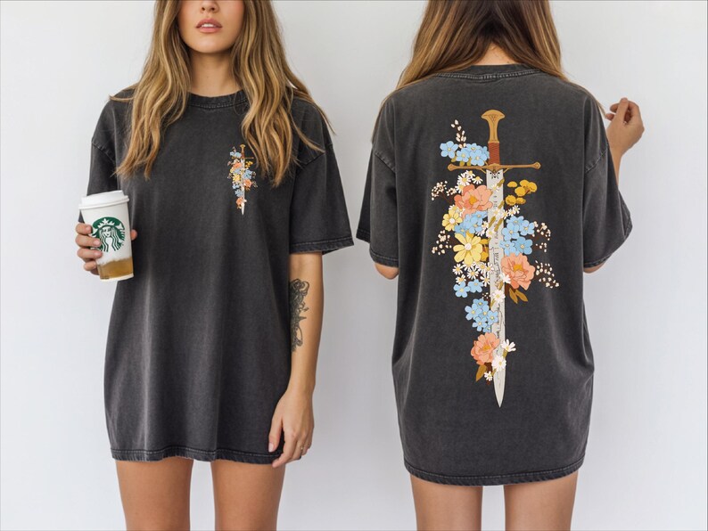 Floral Sword Shirt Front Back Print Cottagecore Wildflower Graphic Tee Women printed on a Comfort Colors 1717 unisex garment-dyed t-shirt. Vintage oversized cotton tee, relaxed fit, made-to-order gift.