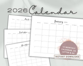 2026 Monthly Calendar Printable, Minimalist Landscape, A4 Letter Size (PDF Download)