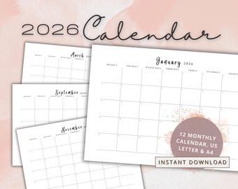 2026 Monthly Calendar Printable, Minimalist A4 Letter Size (PDF Download)