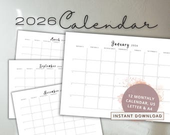 Calendario mensile stampabile 2026, paesaggio minimalista (download PDF)