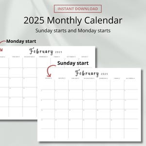 Minimalistische kalender 2025, digitale planner 2025, liggende kalender, zondag- en maandagstart, maandelijkse en jaarlijkse muurplanner, bureau-organizer