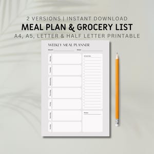 May include: A printable weekly meal planner with sections for each day of the week, a grocery list, and notes. The planner is in a simple, minimalist design with a gray background and black text.