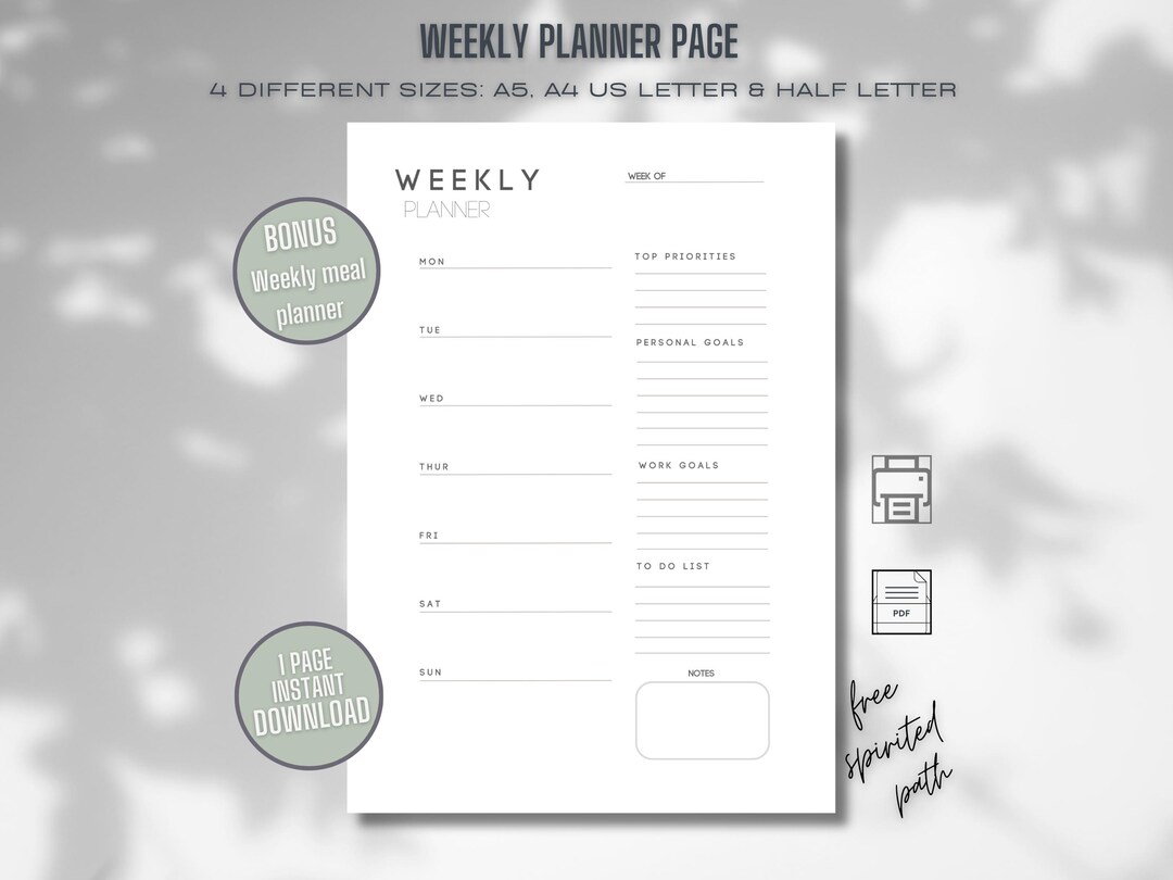 Weekly Planner Printable: Minimalist Task List, A4 A5 Letter Sizes ...