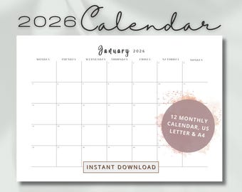 Calendario mensile 2026, pianificatore paesaggistico minimalista (download PDF)