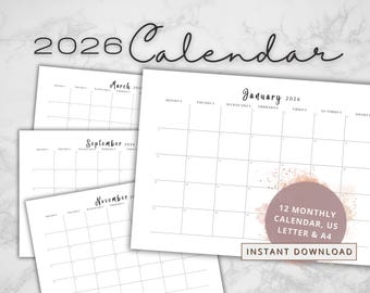 2026 Monatskalender zum Ausdrucken, minimalistisches Querformat, A4 (PDF Download)