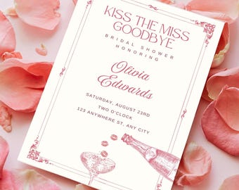 Vintage Kiss the Miss Goodbye Vorlage, Brautparty-Einladung, druckbare moderne Vintage-Einladung, anpassbare Vorlage