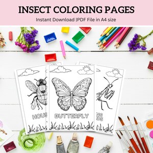 Peut inclure: Trois pages à colorier imprimables représentant un papillon, une mante religieuse et une mouche domestique. Chaque page présente un design simple avec un contour noir et blanc de l'insecte. Les pages sont entourées de fournitures artistiques, notamment des pinceaux, des crayons de couleur et de la peinture.