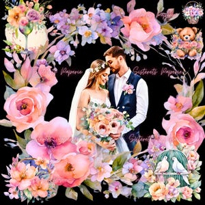 Aquarell Frühling Blumen Clipart | Blumenwagen, Weinglas, Hochzeitselemente, Bär & Haus | PNG digitaler Download