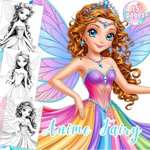 Grayscale Anime Fee Malvorlagen | 15 Süße Feen im Kawaii Stil | Nr. Hintergrund | Druckbares PDF für Jugendliche, Erwachsene & Kinder