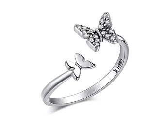 Sterling Silver Butterfly Ring: Adjustable Open Band, Zirconia Accents