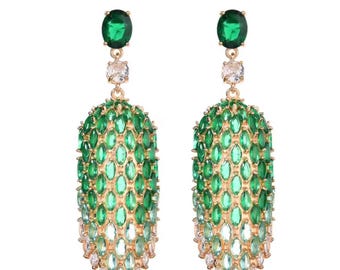 Green Emerald crystal zirconia Large Dangle Earrings, Statement luxurious green studs,