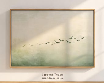 Sage Green Japandi Wall Art | Wabi Sabi Art For Above Bed | Digital Birds Artwork Perfect For Apartment decor.
