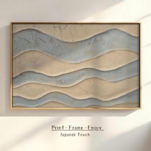 Arte Japandi Digital con Textura de Olas | Lámina Abstracta Wabi-Sabi en Azul Polvoriento y Beige | Decoración Costera para Salón