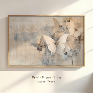Arte Digital Japandi con Mariposas | Lámina Estilo Wabi-Sabi en Tonos Neutros | Decoración de Verano para Dormitorio o Encima del Sofá