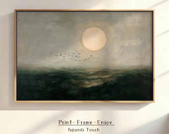Sage Green Full Moon Print | Japandi Wabi Sabi Wall Art | Celestial Night Sky Artwork for Above Bed or Apartment Decor