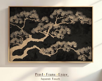 Grabado japonés de rama de pino: Arte Japandi digital en tonos neutros, estilo Wabi Sabi para descargar