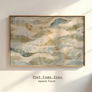 Arte Japandi Abstracto Digital | Lámina Wabi Sabi con Tonos Verdes y Beige Textura Acuarela | Decoración Serena para Dormitorio o Salón