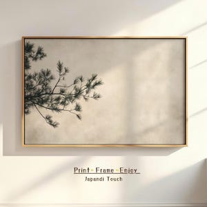 Affiche digitale Japandi: Art Wabi-Sabi pin vert sur fond beige, décoration minimaliste