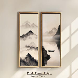Japandi Wandbilder Set aus 2, Digitale Schmale Hochformat Poster mit Bergmotiv für Schlafzimmer oder Praxis, Minimalistische Wandkunst