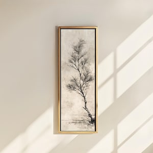 Arte Japandi Digital Vertical | Lámina minimalista de rama de pino, póster estilo wabi-sabi, arte natural para pasillo o salón moderno