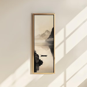 Lange smalle verticale muurkunst voor appartementdecoratie |  Digitale hoge Japandi-muurkunst | Panoramisch landschap Wabi Sabi
