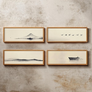 Japandi panoramische muurkunst set van 4 | Lange smalle digitale prints voor de inrichting van een appartement of een kleine ruimte