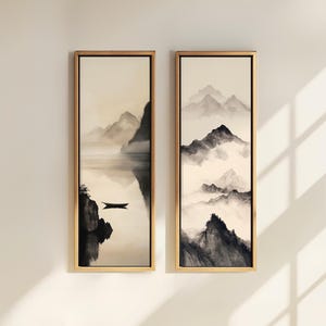 Minimal Japandi Wall Art Set of 2 | Tall Narrow Digital Prints with Mountain Motif for Above Bed or Therapy Office Decor, Tall Gallery Set