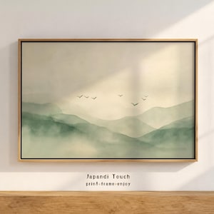 Japandi Wandkunst mit grünen Aquarell-Bergen | Minimalistisches digitales Poster im Wabi-Sabi-Stil | Ruhige Sommerdeko für Schlafzimmer