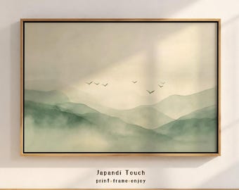 Japandi Wall Art: Wabi Sabi Printable, Sage Green Neutral Decor, Flying Bird Art Print