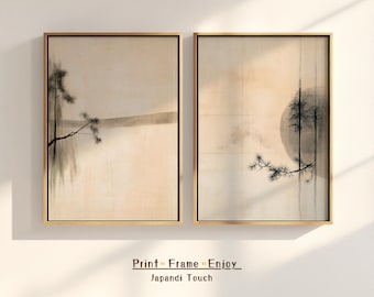 Set of 2 Minimalist Tree Branch Prints | Japandi Digital Wall Art | Nature Inspired Japanese Decor | Neutral Tones Printable Art