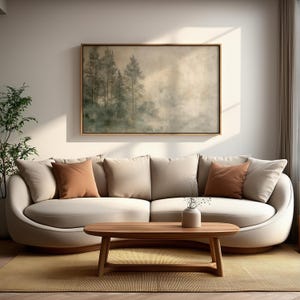 Tranquil digital wall art print featuring abstract forest trees in soft green and beige hues. Designed for Japandi-style interiors, this printable brings serenity, balance, and a touch of nature to minimalist living rooms or bedrooms. Ideal Wabi Sabi decor accent that adds organic warmth to neutral walls.