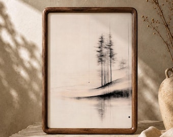 Japanse Wabi Sabi Muurkunst | Aziatische Digitale Inktschilderkunst | Zen Landschap Muurkunst voor Appartement Decoratie