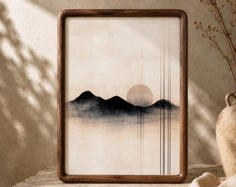 Desert Sunset Wall Art, Moody Mountain Print, Warm Neutral Sun Decor, Digital Download