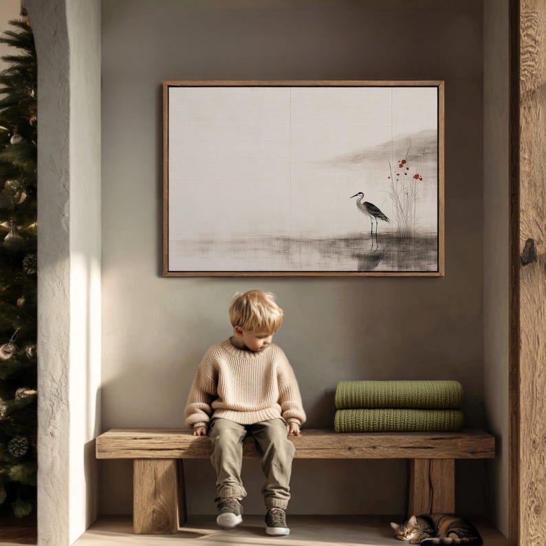 Japandi-style ink art print showing a graceful crane near still water with gentle red flowers. The minimal brushwork and organic texture enhance Wabi Sabi elegance. Ideal digital download for modern minimalist and nature-inspired wall decor.