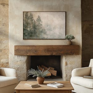 Serene Japandi wall art printable featuring a misty forest landscape. Soft green tones and minimal design evoke calmness and balance in any modern home. Perfect for Wabi Sabi interiors and Scandinavian-style living rooms. This digital download brings nature indoors, ideal for minimalist bedroom or cozy reading nook decor.