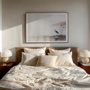 Minimalist Japandi ink painting of a graceful crane near still waters. Gentle red flowers and soft brushstrokes evoke natural harmony and balance. A perfect digital wall art download for Wabi Sabi homes, Scandinavian-style living rooms, or zen-inspired decor.