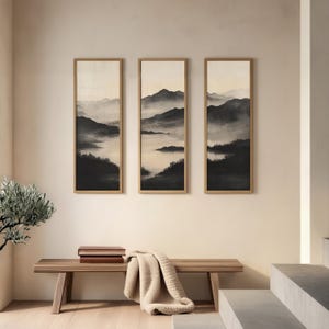 3-częściowy, długi, wąski, japoński zestaw ścienny | Zestaw obrazów ściennych z galerią tryptyków | Cyfrowa dekoracja nad łóżko