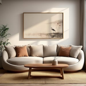 Digital Japandi wall art featuring a poised crane beside calm waters with soft red florals. This Wabi Sabi–inspired ink artwork celebrates imperfection and tranquility. A perfect printable piece for minimalist and nature-themed home decor.