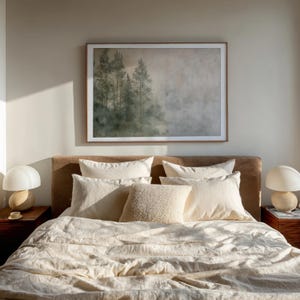 Digital forest print in Japandi style with subtle texture and soothing palette. Perfect wall art for minimalist bedrooms or calm living spaces inspired by Wabi Sabi philosophy. Neutral tones create harmony and timeless beauty, adding a tranquil, nature-inspired accent to your modern home decor.