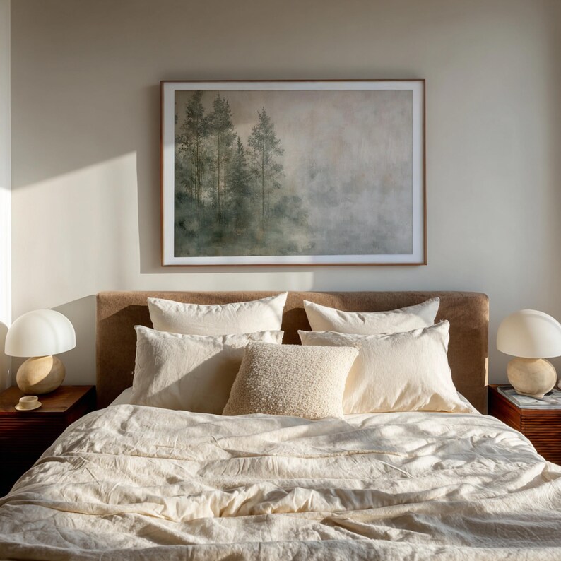 Digital forest print in Japandi style with subtle texture and soothing palette. Perfect wall art for minimalist bedrooms or calm living spaces inspired by Wabi Sabi philosophy. Neutral tones create harmony and timeless beauty, adding a tranquil, nature-inspired accent to your modern home decor.