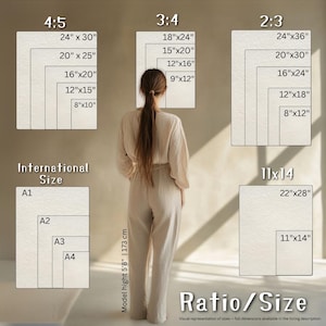Visual guide showcasing print ratios and sizes for digital wall art, including 4:5, 3:4, 2:3, 11x14, and International Sizes (A1, A2, A3, A4). A model ( 173 cm) stands in neutral-toned attire against a soft beige background to provide scale