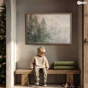 Japandi-style forest wall art digital download featuring minimalist tree silhouettes and natural textures. Perfect for Scandinavian homes or Wabi Sabi-inspired spaces. The soft, neutral tones complement wood furniture and light interiors, adding warmth and a sense of grounded simplicity.