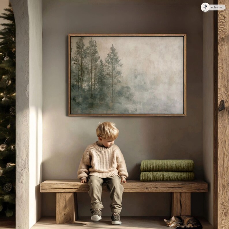 Japandi-style forest wall art digital download featuring minimalist tree silhouettes and natural textures. Perfect for Scandinavian homes or Wabi Sabi-inspired spaces. The soft, neutral tones complement wood furniture and light interiors, adding warmth and a sense of grounded simplicity.