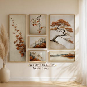 Könnte beinhalten: Ein komplettes Set gerahmter Kunstdrucke mit dem Thema Japandi Touch. Das Set enthält sechs gerahmte Drucke mit Aquarell-Landschaften und botanischen Illustrationen in Beige-, Braun- und Orangetönen. Der Text "Complete Home Set" und "Japandi Touch" ist sichtbar.