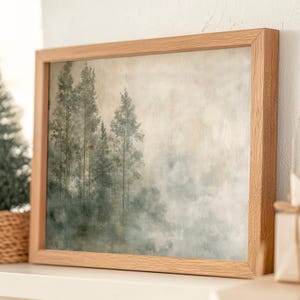Printable forest art with Japandi and Wabi Sabi vibes — featuring a calm, foggy woodland scene. Neutral hues and soft textures make it perfect for modern minimalist interiors. Ideal for eco-conscious home decor and relaxing natural spaces. Digital download for instant wall art.