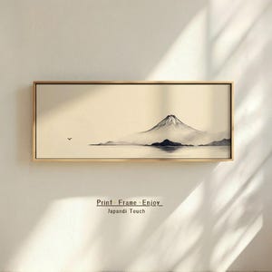 Panoramisk Japandi-väggkonst | Målning av långt och smalt berg | Digital japansk dekor för inredning