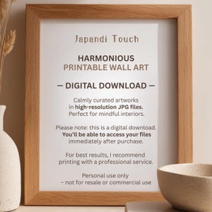 Digital printable wall art in Japandi aesthetic featuring a misty pine forest. Calming neutral colors and simple composition make it a perfect choice for Wabi Sabi home decor. Ideal for a modern Scandinavian living room, bedroom, or workspace with natural light and wooden accents.